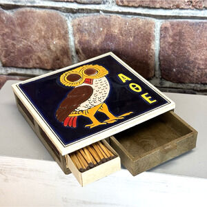 AOE Owl Smaltotechniki Tile Top‎ Matchbox Cigarette Holder Vtg MCM Greece